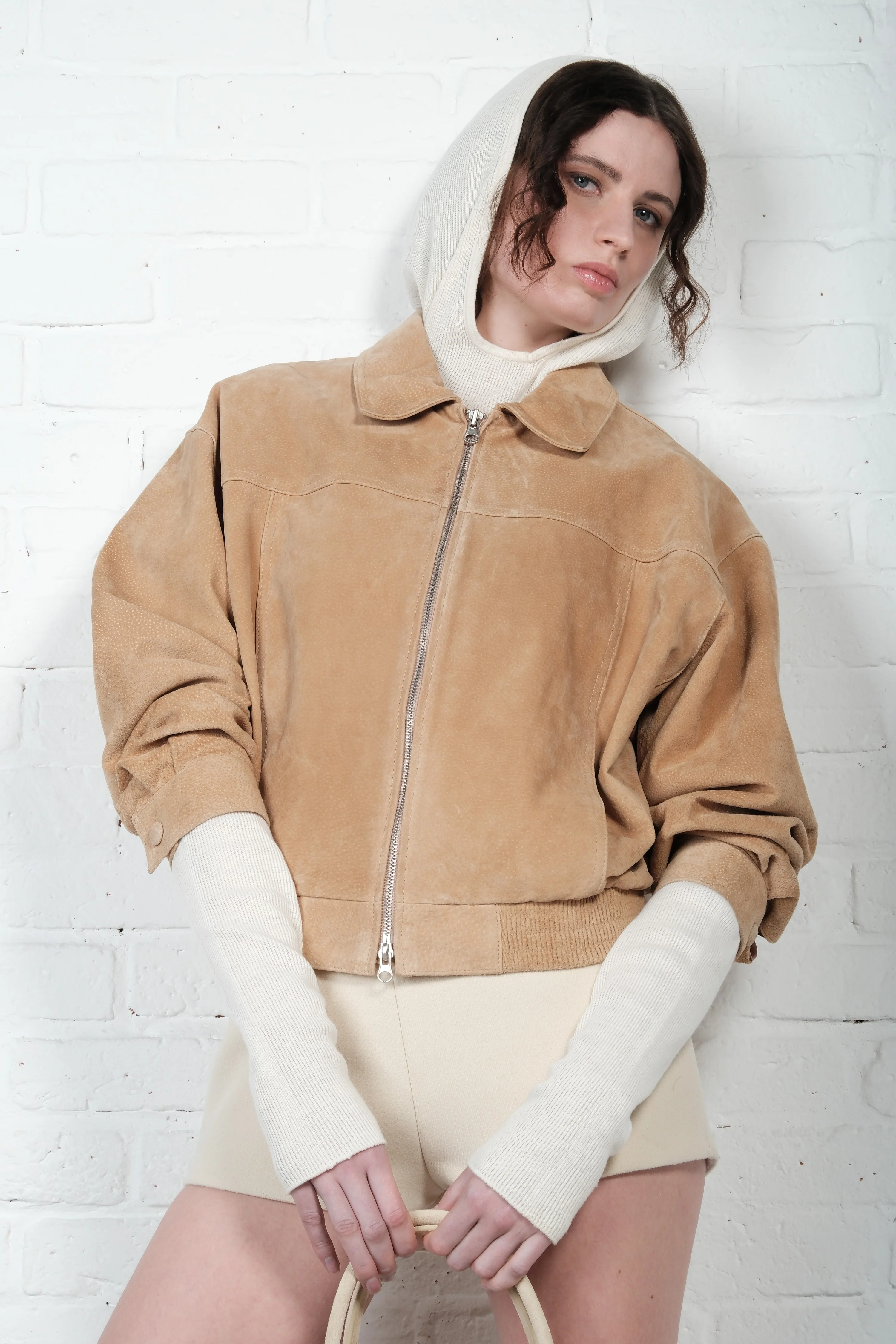 Suede Bomber Jacket - Camel Beige - Image 2