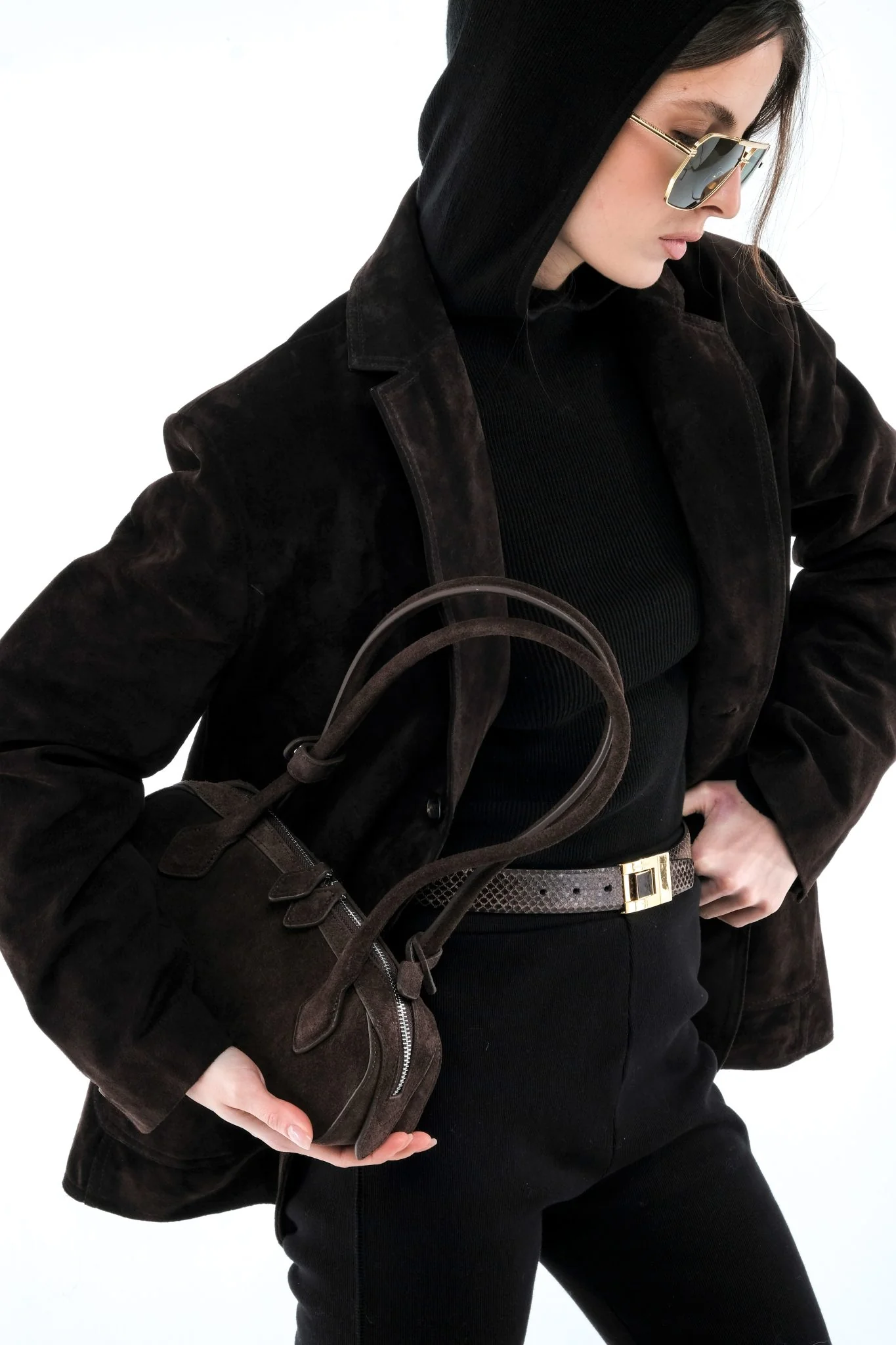 Suede Shoulder Bag - Brown - Image 6