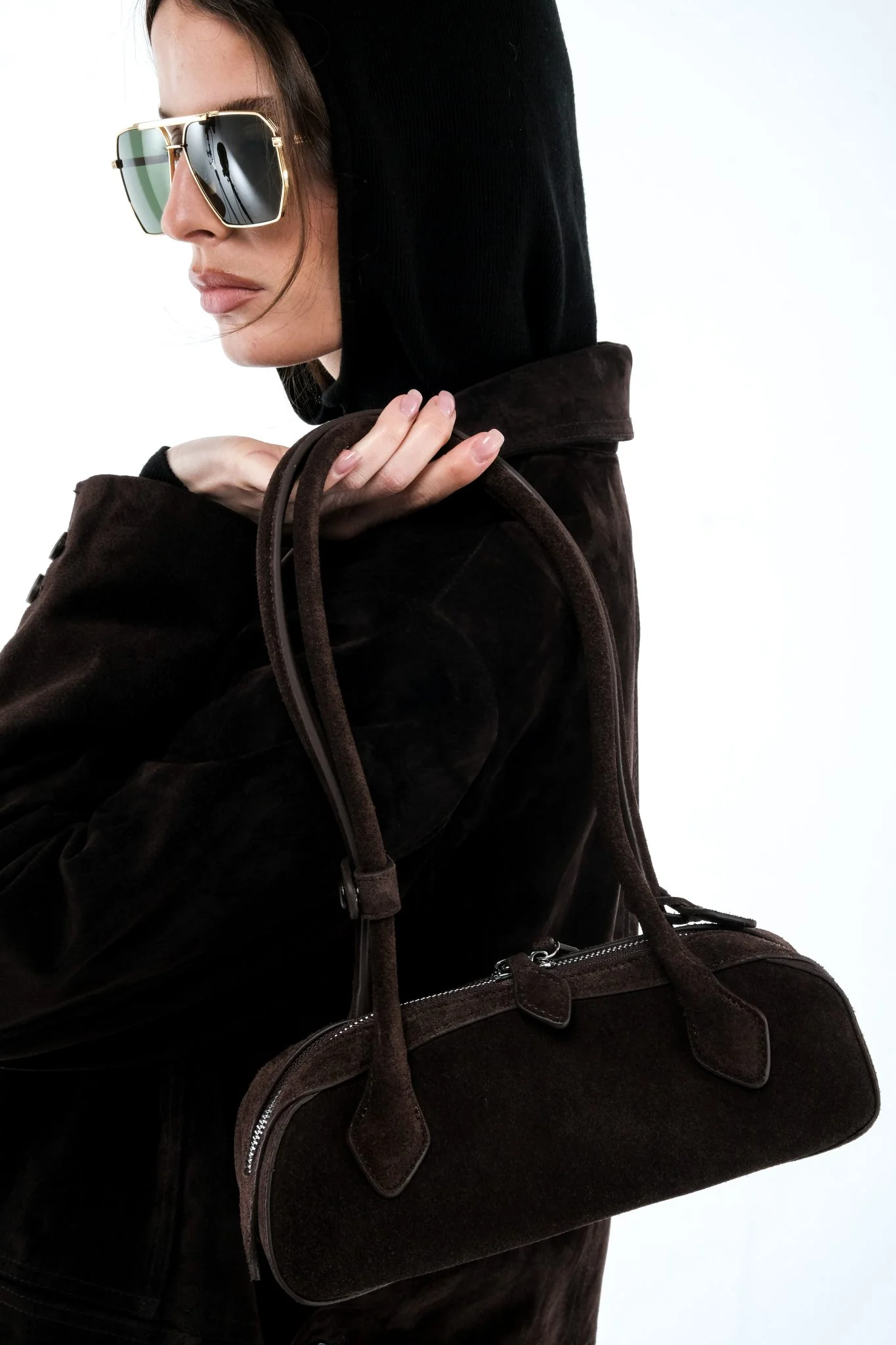 Suede Shoulder Bag - Brown - Image 7