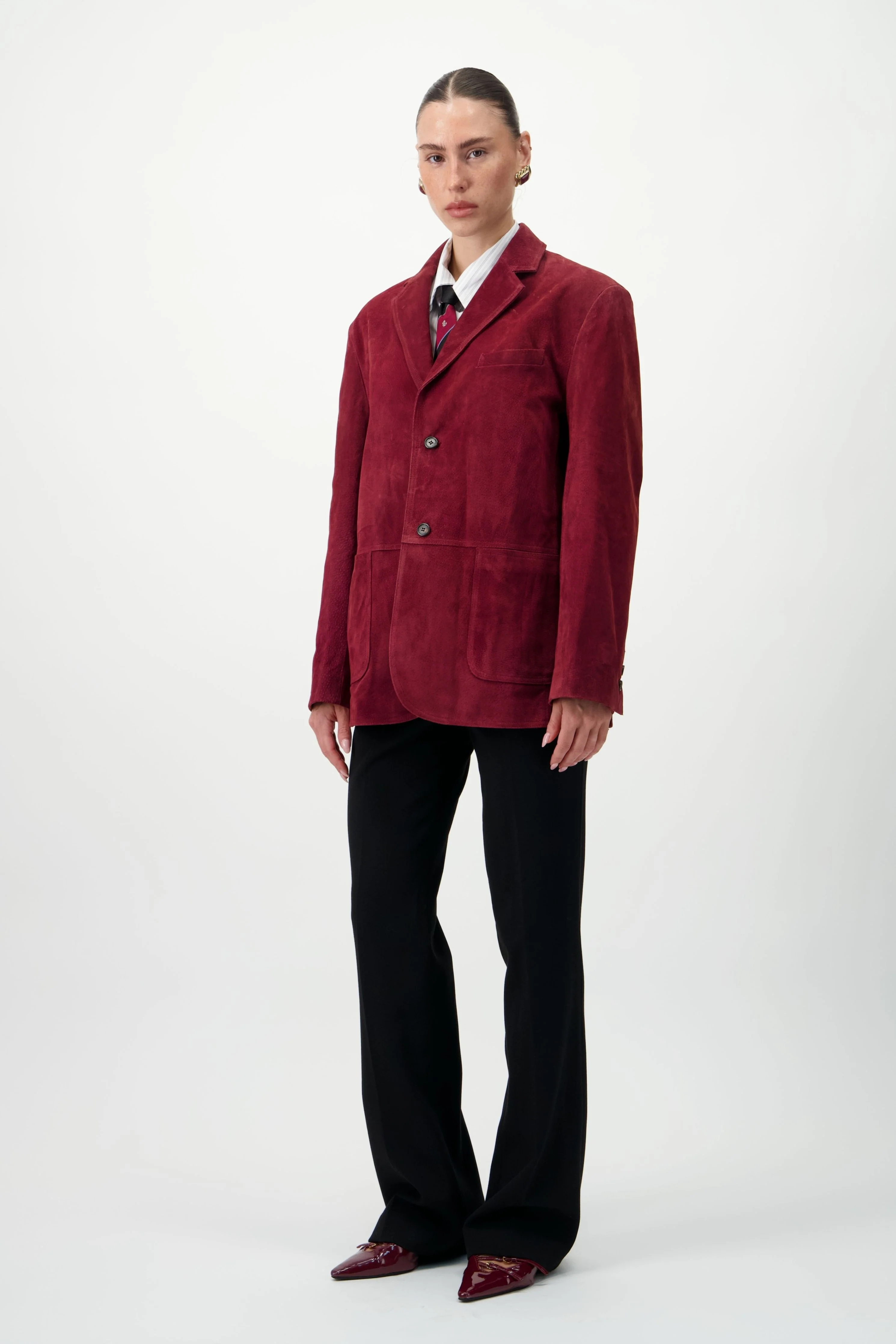 Suede Leather Blazer - Dark Red - Image 3