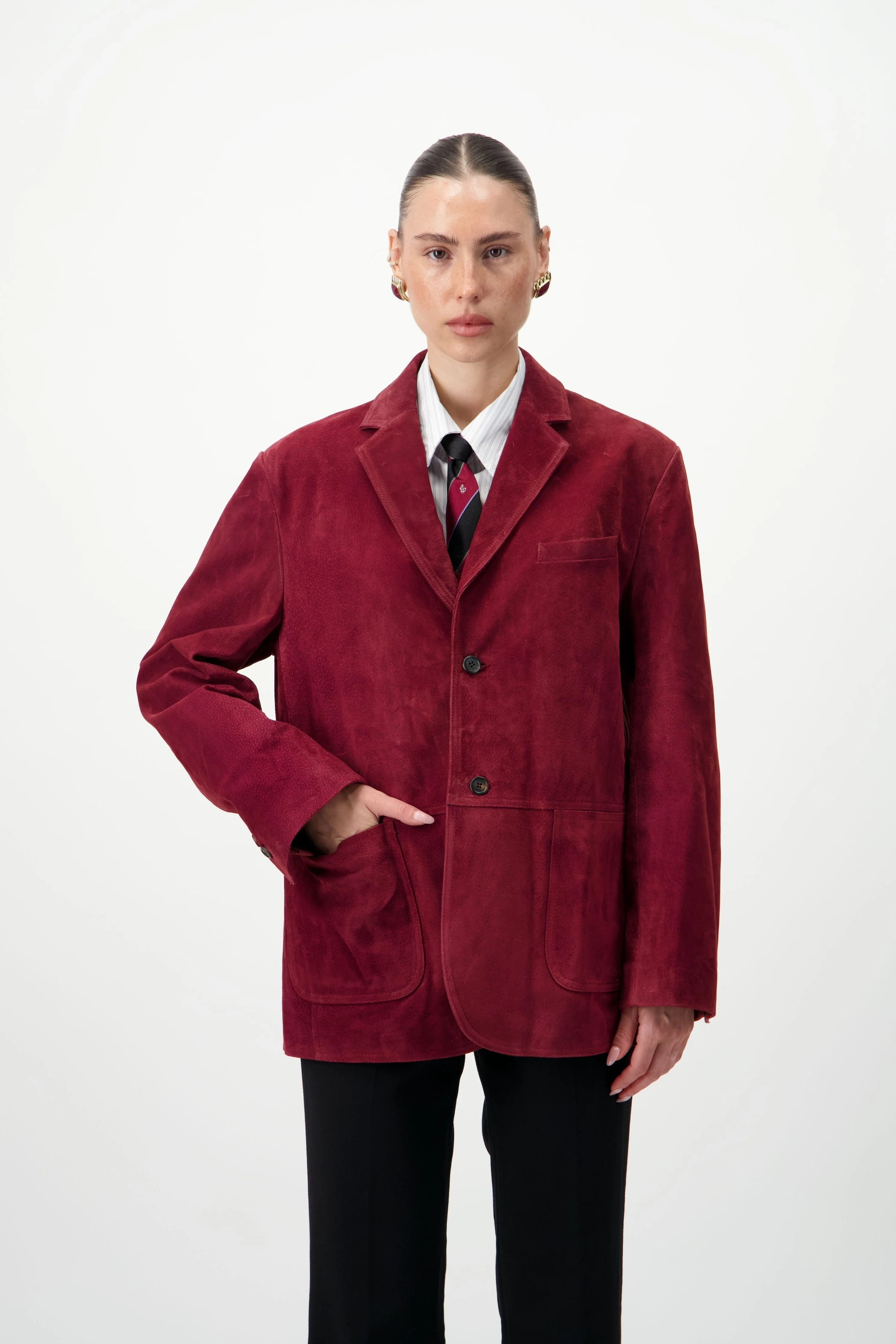 Suede Leather Blazer - Dark Red - Image 5