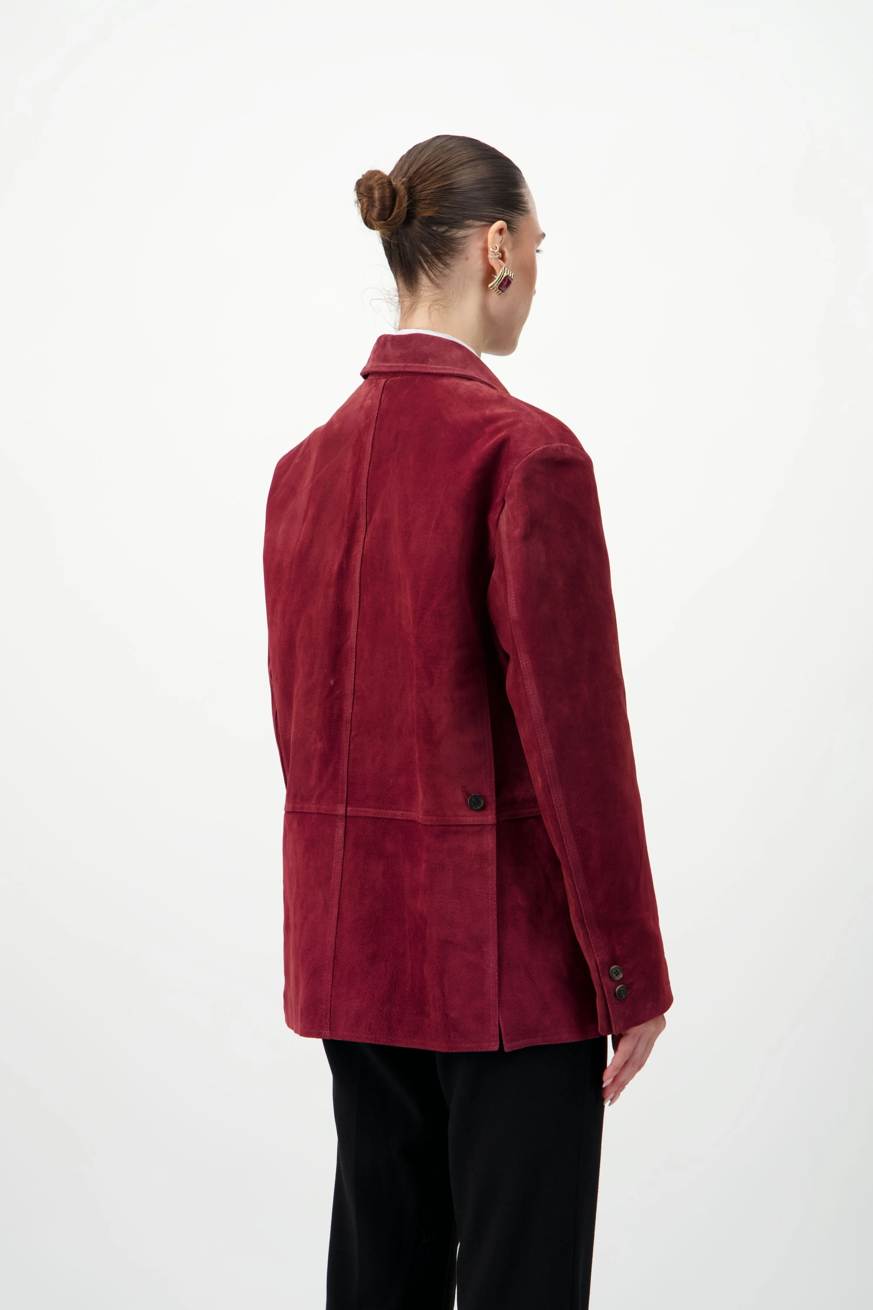 Suede Leather Blazer - Dark Red - Image 6