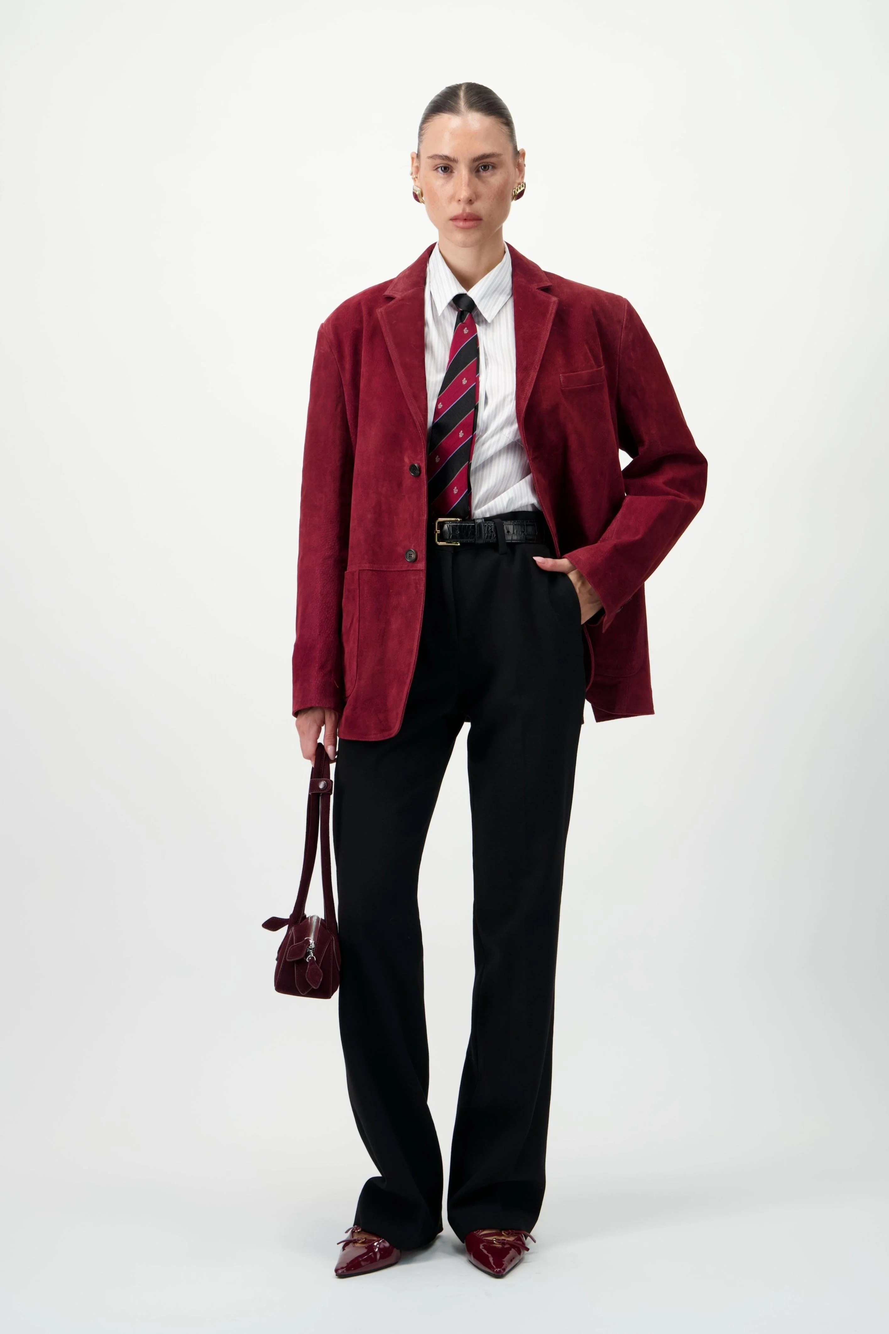 Suede Leather Blazer - Dark Red - Image 7