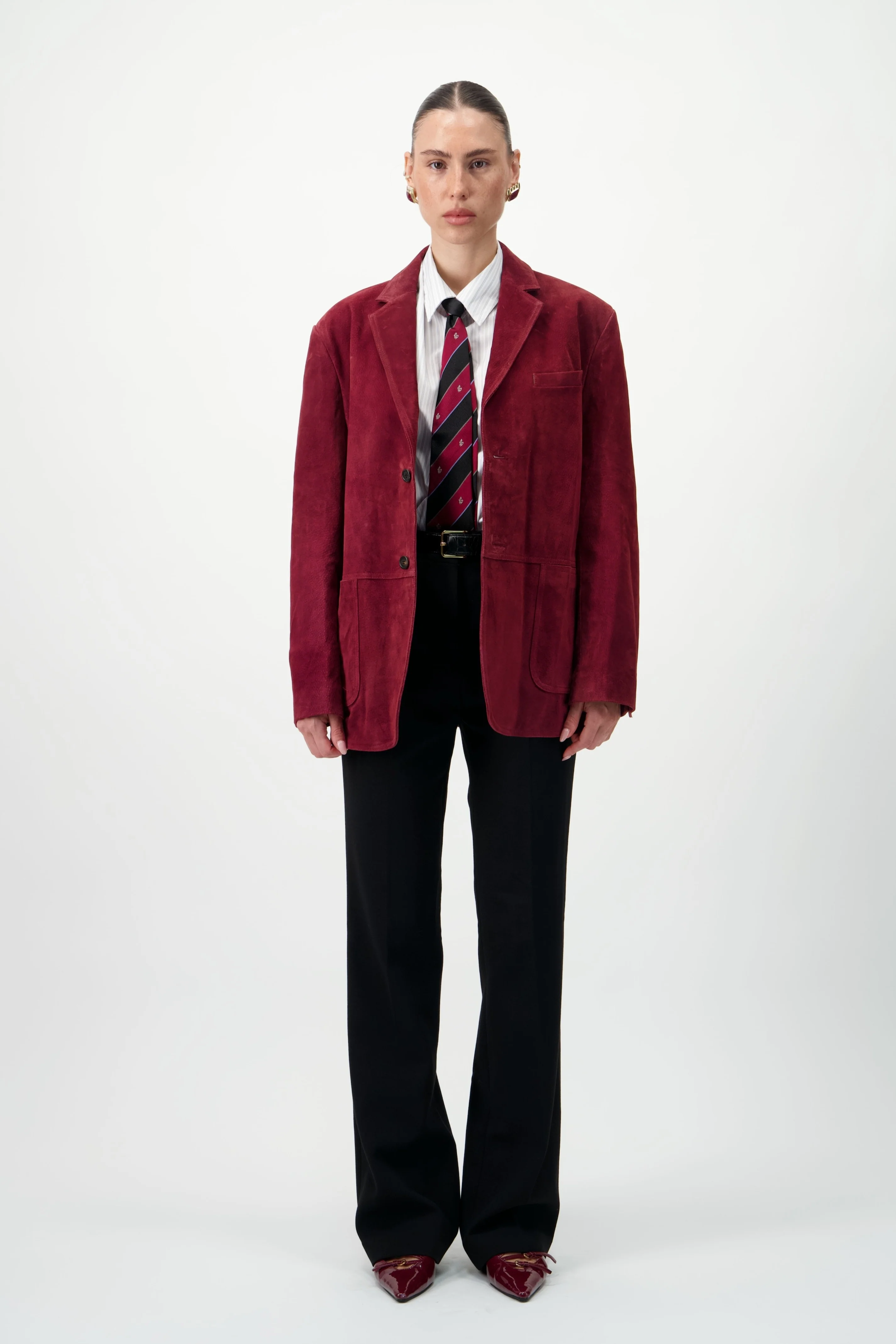 Suede Leather Blazer - Dark Red - Image 8