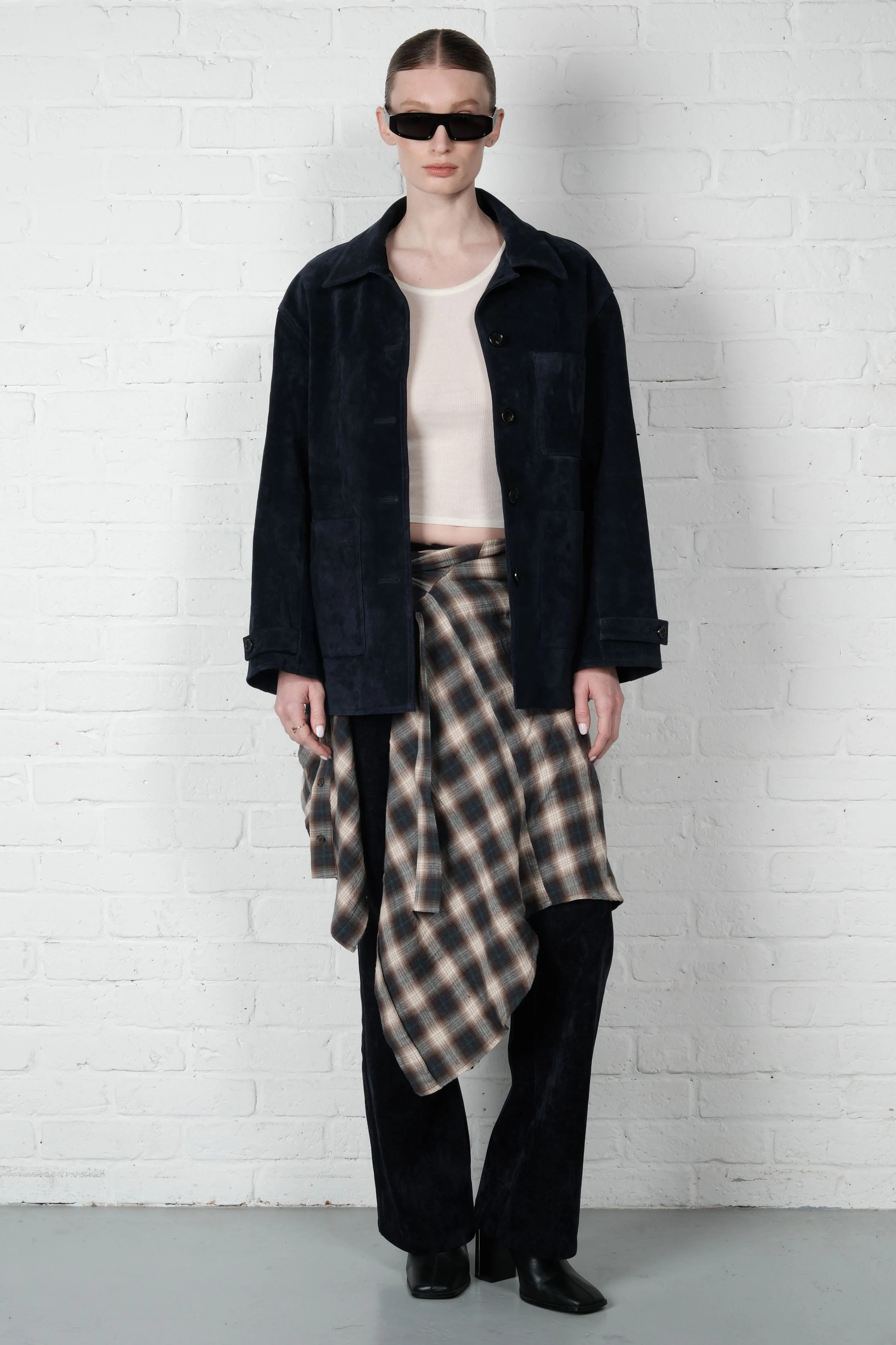 Suede Leather Blazer - Navy