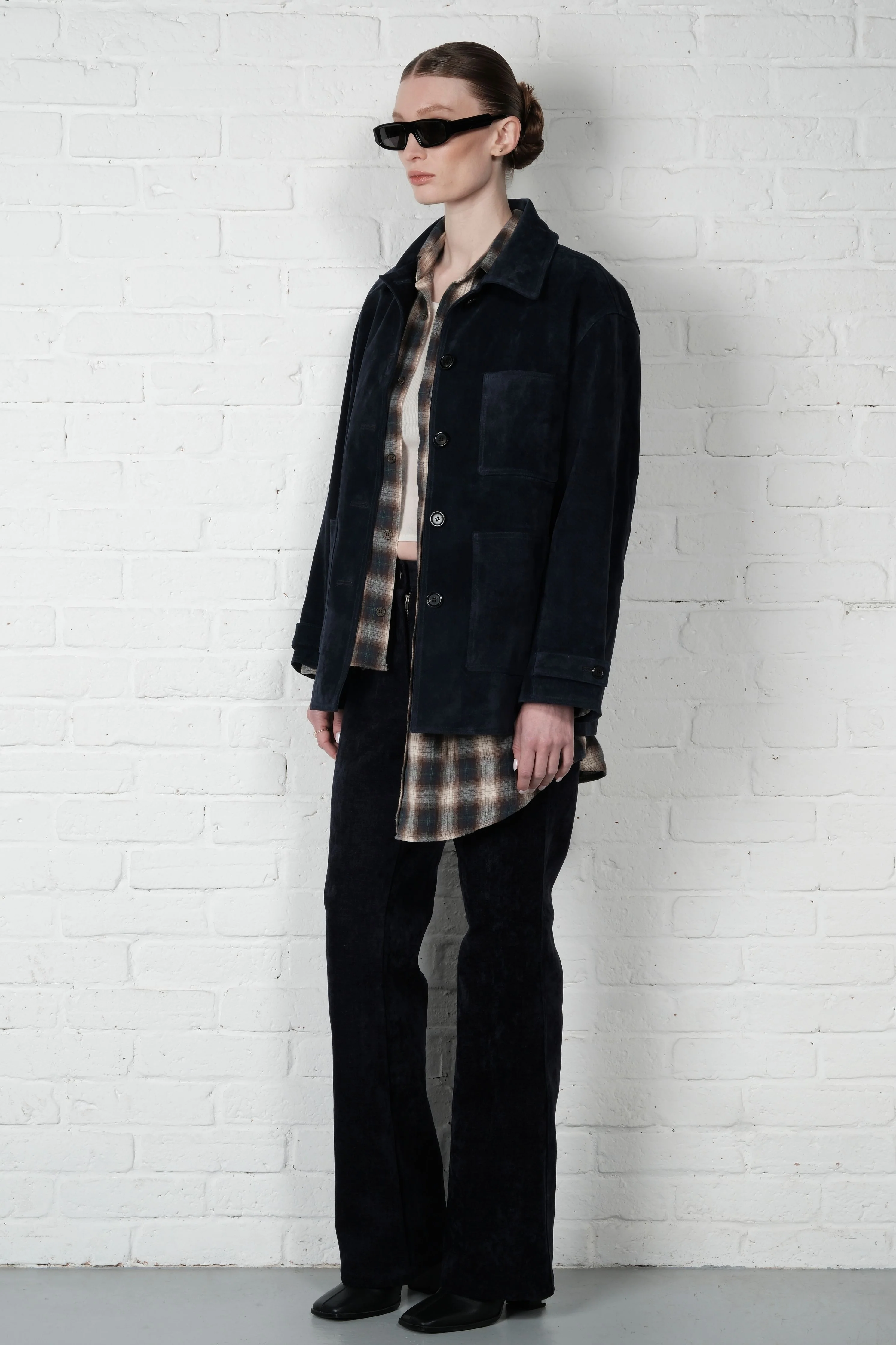 Suede Leather Blazer - Navy - Image 5