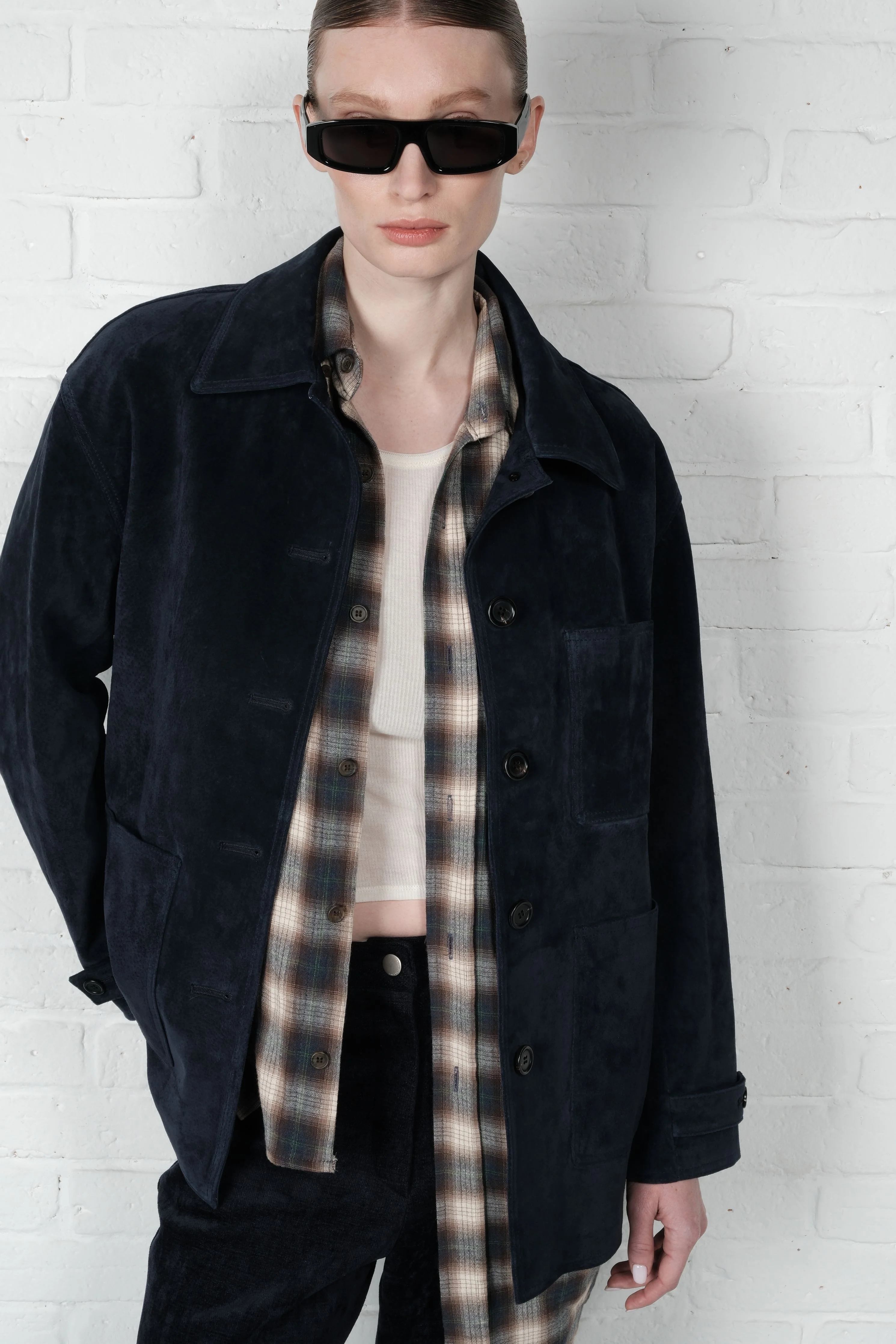 Suede Leather Blazer - Navy - Image 6