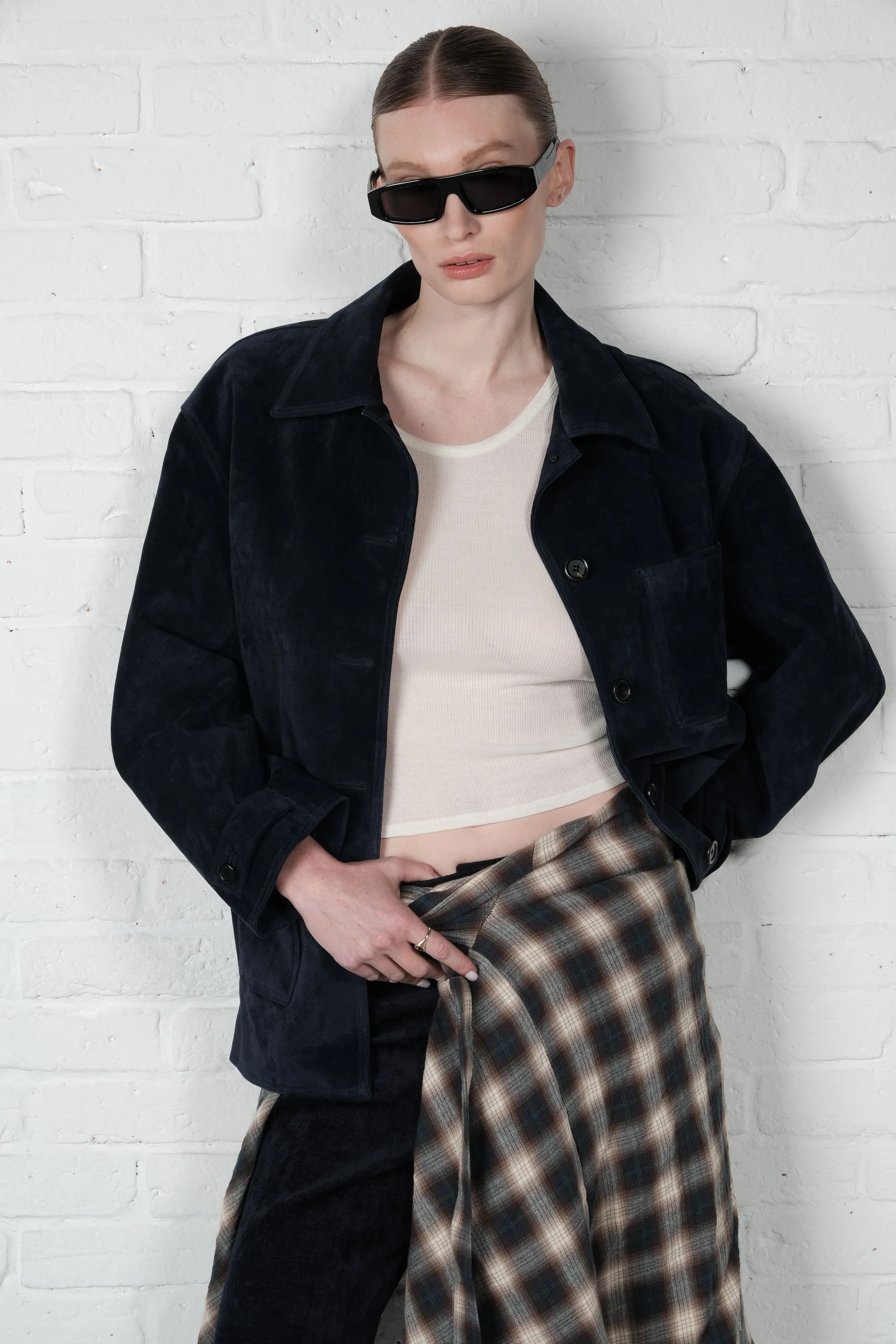 Suede Leather Blazer - Navy - Image 7